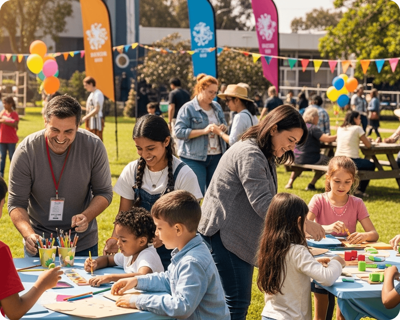 Families enjoying an interactive community activity table