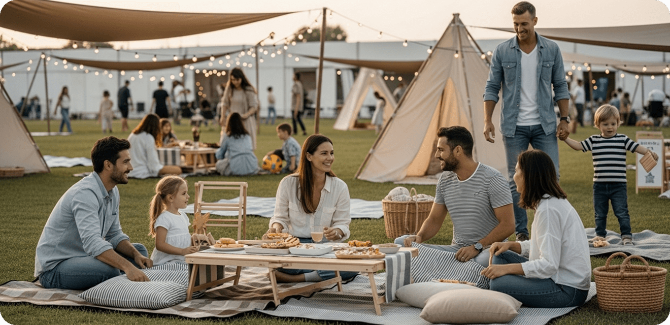 Families enjoying a picnic together outdoors at Loveville
