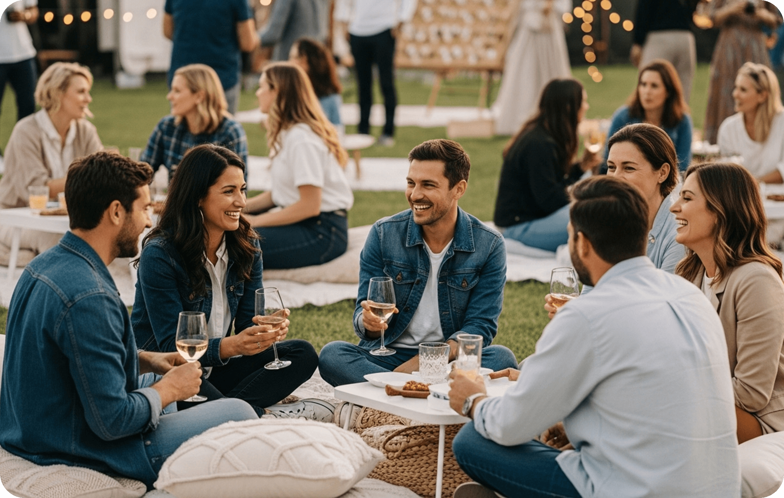 Adults enjoying food, drinks, and conversation together at Loveville